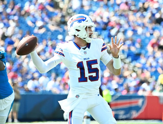 Aug 24, 2024; Orchard Park, New York, USA; Buffalo Bills quarterback Ben DiNucci (15) throws a pass in the second quarter pre-season game against the Carolina Panthers at Highmark Stadium. Mandatory Credit: Mark Konezny-USA TODAY Sports/File Photo