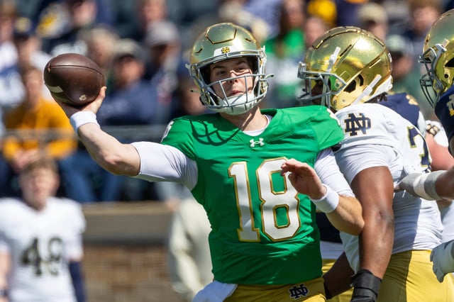Apr 12, 2025; Notre Dame, IN, USA; Notre Dame Fighting Irish quarterback Steve Angeli (18) throws a pass during the Blue-Gold game at Notre Dame Stadium. Mandatory Credit: Michael Caterina-Imagn Images/File Photo