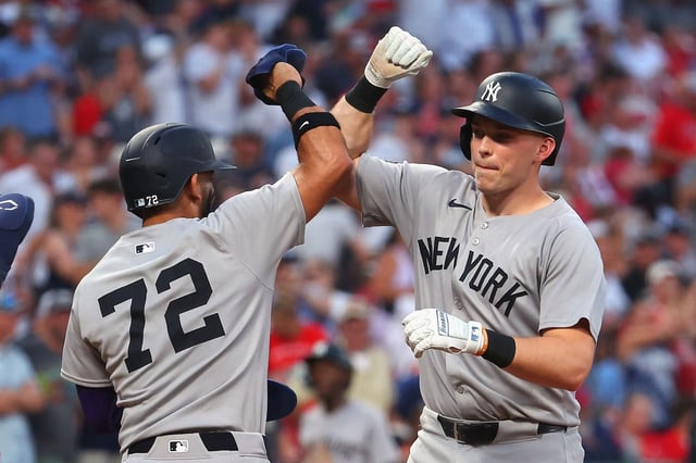 ST LOUIS, MISSOURI - AUGUST 16: Ben Rice #22 of the New York Yankees celebrates after hitting a three-run home run against the St. Louis Cardinals in the fourth inning in the fourth inningat Busch Stadium on August 16, 2025 in St Louis, Missouri. (Photo by Dilip Vishwanat/Getty Images)