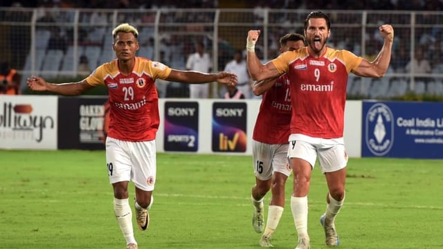 East Bengal's Dimitrios Diamantakos celebrates after scoring against Mohun Bagan Super Giant | Image: ANI