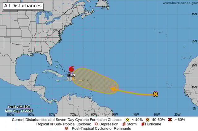 An NHC map highlights the disturbance in orange, and Hurricane Erin in red.