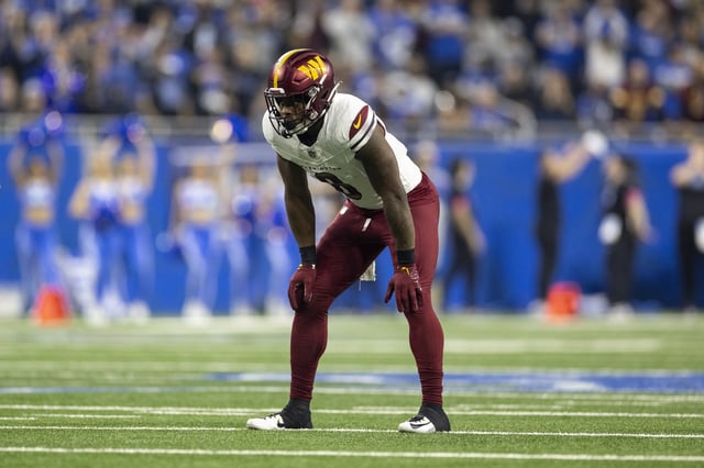 Brian Robinson Jr. #8 of the Washington Commanders lines up during an NFL Football game against the Detroit Lions at Ford Field on January 18, 2025 in Detroit, Michigan.