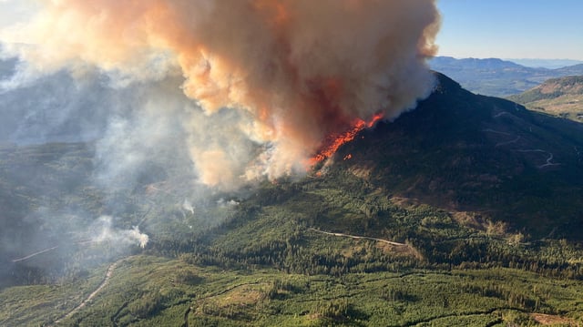 An aerial view shows smoke rising from the Mount Underwood wildfire (V71498) south of Port Alberni, British Columbia, Canada August 11, 2025.  BC Wildfire/Handout via REUTERS/File Photo