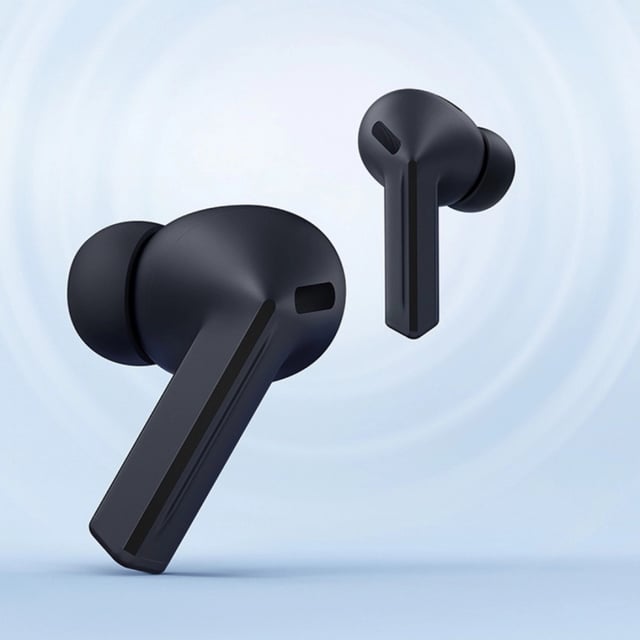 The Samsung Galaxy Buds3 FE against a blue background. 