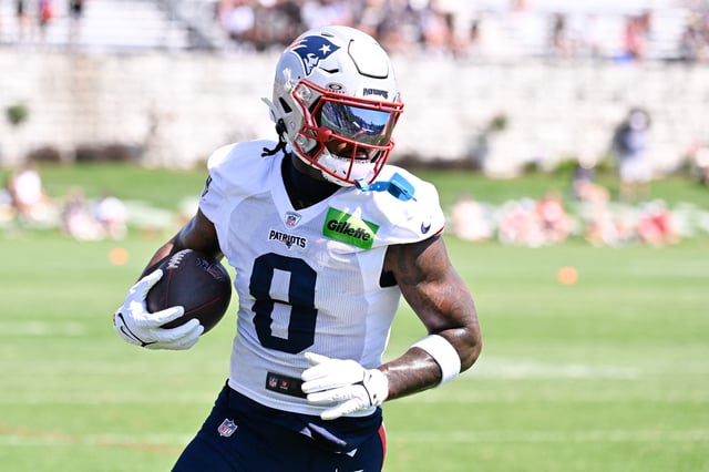 Jul 28, 2025; Foxborough, MA, USA; New England Patriots wide receiver Stefon Diggs (8) runs after the catch during training camp at Gillette Stadium. Mandatory Credit: Eric Canha-Imagn Images/File Photo