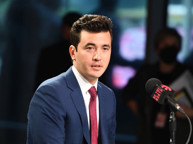Sep 27, 2021; Toronto, Ontario, Canada;  Toronto Raptors general manager Bobby Webster speaks to the media  during Media Day at Scotiabank Arena. Mandatory Credit: Dan Hamilton-USA TODAY Sports/File Photo