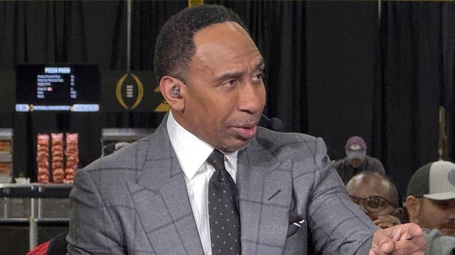 Jan 20, 2025; Atlanta, GA, USA; ESPN personality Stephen A. Smith on the ESPN First Take set at the CFP Fan Central at the George World Congress Center. Mandatory Credit: Kirby Lee-Imagn Images