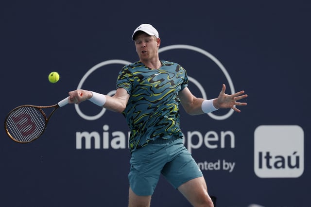 Mar 22, 2023; Miami, Florida, US; Kyle Edmund (GBR) hits a forehand against Yibing Wu (CHN) (not pictured) on day three of the Miami Open at Hard Rock Stadium. Mandatory Credit: Geoff Burke-USA TODAY Sports/ File Photo