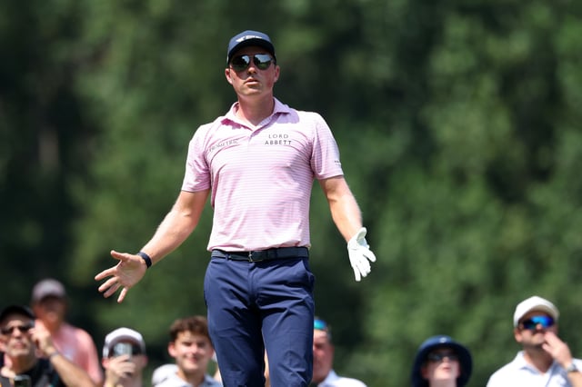 OWINGS MILLS, MARYLAND - AUGUST 17: Ben Griffin of the United States reacts to his shot from the second tee during the final round of the BMW Championship 2025 at Caves Valley Golf Club on August 17, 2025 in Owings Mills, Maryland. (Photo by Kevin C. Cox/Getty Images)