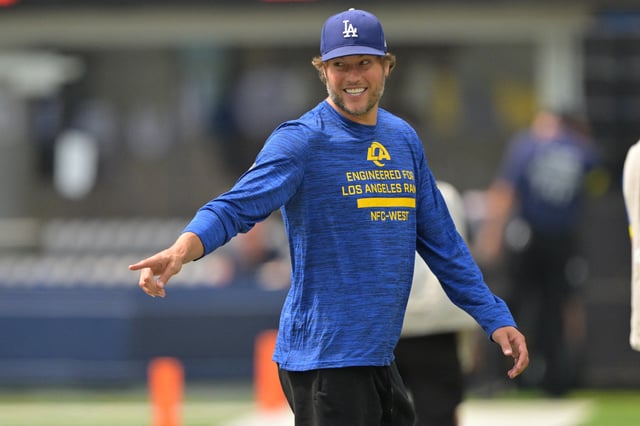 Aug 9, 2025; Inglewood, California, USA;  Los Angeles Rams quarterback Matthew Stafford (9) walks on the field prior to the game against the Dallas Cowboys at SoFi Stadium. Mandatory Credit: Jayne Kamin-Oncea-Imagn Images/ File Photo