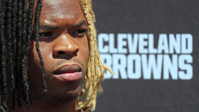 Browns running back Quinshon Judkins takes questions from reporters during rookie minicamp, Friday, May 9, 2025, in Berea.