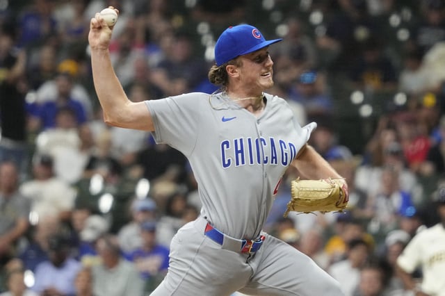 Jul 29, 2025; Milwaukee, Wisconsin, USA; Chicago Cubs pitcher Gavin Hollowell (46) delivers a pitch against the Milwaukee Brewers in the eighth inning at American Family Field. Mandatory Credit: Michael McLoone-Imagn Images/ File Photo