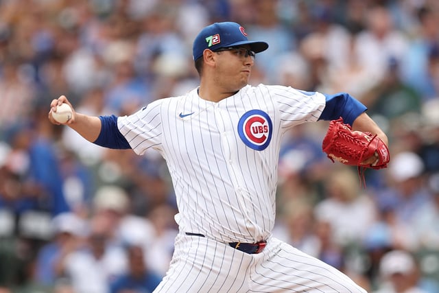 Aug 17, 2025; Chicago, Illinois, USA; Chicago Cubs pitcher Javier Assad (72) throws during the first inning against the Pittsburgh Pirates at Wrigley Field. Mandatory Credit: Melissa Tamez-Imagn Images