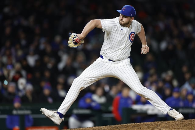 Apr 24, 2024; Chicago, Illinois, USA; Chicago Cubs relief pitcher Luke Little (43) delivers a pitch against the Houston Astros during the seventh inning at Wrigley Field. Mandatory Credit: Kamil Krzaczynski-USA TODAY Sports/ File Photo