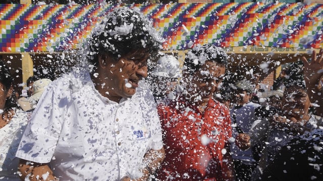 Supporters throw confetti on former President Evo Morales after a meeting with a peasants' federation in the Chapare region of Bolivia, Aug. 17, 2025 (AP Photo by Jorge Saenz).