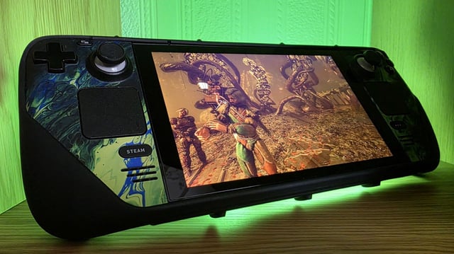Steam Deck console with NVIDIA GeForce Now interface on screen