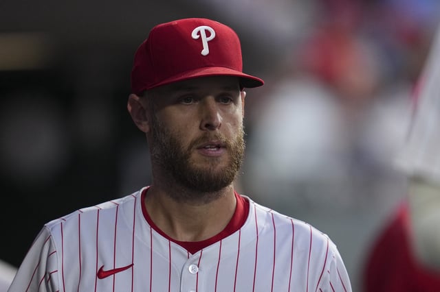 PHILADELPHIA, PENNSYLVANIA - JUNE 9: Zack Wheeler #45 of the Philadelphia Phillies looks on against the Chicago Cubs at Citizens Bank Park on June 9, 2025 in Philadelphia, Pennsylvania. The Phillies defeated the Cubs 4-3 in extra innings. (Photo by Mitchell Leff/Getty Images)