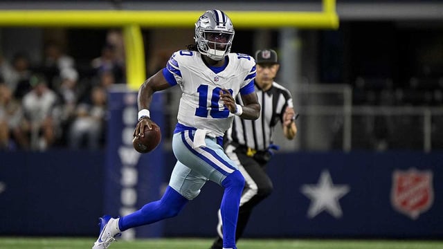 Aug 16, 2025; Arlington, Texas, USA; Dallas Cowboys quarterback Joe Milton III (10) runs with the ball during the game between the Dallas Cowboys and the Baltimore Ravens at AT&amp;T Stadium. Mandatory Credit: Jerome Miron-Imagn Images