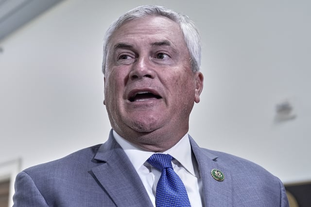 House Oversight Committee Chairman James Comer, R-Ky., speaks to reporters as he arrives for a deposition with former Attorney General Bill Barr, on Capitol Hill, Monday, Aug 18, 2025, in Washington. (AP Photo/Mariam Zuhaib)