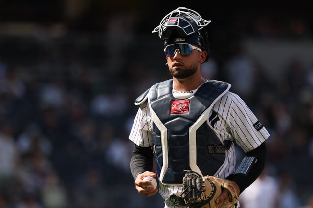 Jun 29, 2025; Bronx, New York, USA; New York Yankees catcher J.C. Escarra (25) walks off the field after the top of the eighth inning against the Athletics at Yankee Stadium. Mandatory Credit: Vincent Carchietta-Imagn Images/ File Photo