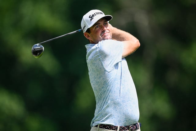 Keegan Bradley hits from the seventh tee during the first round of the BMW Championship golf tournament in Owings Mills, Md., on Aug. 14.