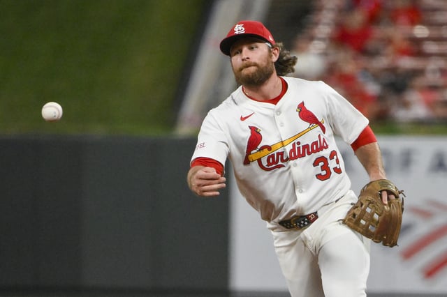 Aug 11, 2025; St. Louis, Missouri, USA;  St. Louis Cardinals second baseman Brendan Donovan (33) flips the ball to first base during the ninth inning against the Colorado Rockies at Busch Stadium. Mandatory Credit: Jeff Curry-Imagn Images/ File Photo