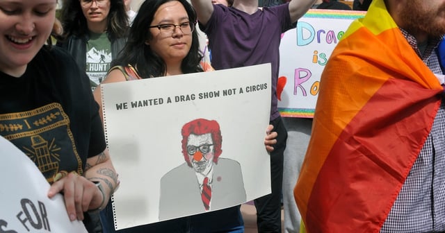 Protesters marched against the university president’s decision to cancel a drag performance at West Texas A&M University on March. 23,  2023.