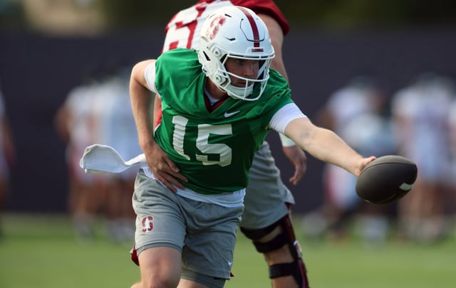 Stanford University quarterback Ben Gulbrandson (15) takes part in football practice on Wednesday, July 23, 2025, in Palo Alto, Calif.  (Aric Crabb/Bay Area News Group)
