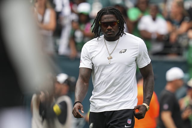A.J. Brown #11 of the Philadelphia Eagles looks on prior to the NFL Preseason 2025 game against the Cleveland Browns at Lincoln Financial Field on August 16, 2025 in Philadelphia, Pennsylvania.