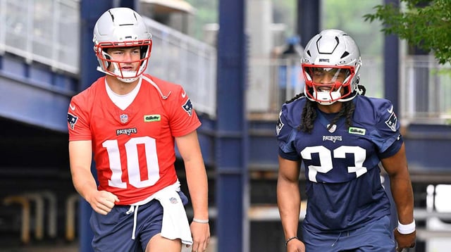 Jun 9, 2025; Foxborough, MA, USA; New England Patriots quarterback Drake Maye (10) and safety Kyle Dugger (23) walk to the practice fields at Gillette Stadium. Mandatory Credit: Eric Canha-Imagn Images