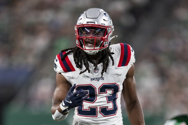 EAST RUTHERFORD, NEW JERSEY - SEPTEMBER 19: Kyle Dugger #23 of the New England Patriots reacts during an NFL football game between the New York Jets and the New England Patriots at MetLife Stadium on September 19, 2024 in East Rutherford, New Jersey.