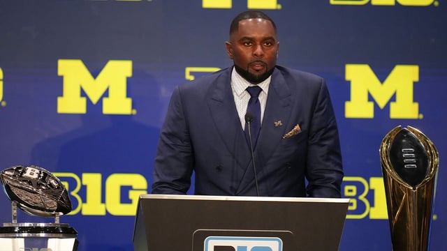 Jul 24, 2025; Las Vegas, NV, USA; Michigan head coach Sherrone Moore speaks to the media during the Big Ten NCAA college football media days at Mandalay Bay Resort. Mandatory Credit: Lucas Peltier-Imagn Images