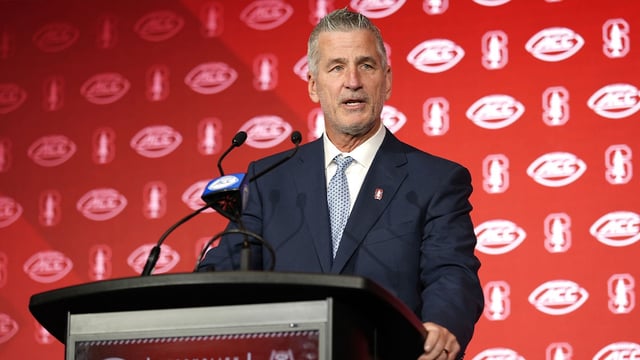 Stanford head coach Frank Reich answers questions from the media during ACC Media Days at Hilton Charlotte Uptown. Mandatory Credit: Jim Dedmon-Imagn Images