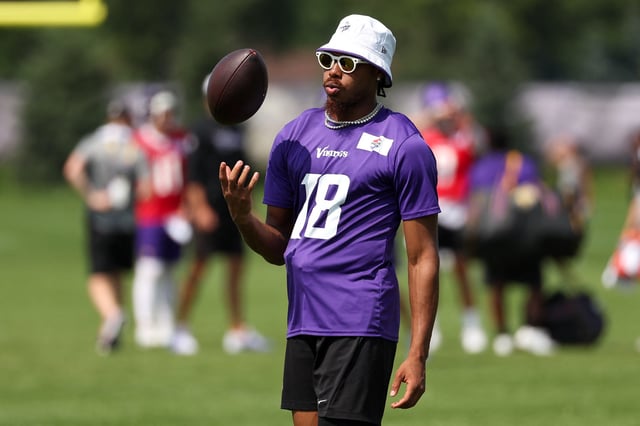 Jul 29, 2025; Eagan, MN, USA; Minnesota Vikings wide receiver Justin Jefferson (18) looks on during the teams training camp at the Minnesota Vikings Training Facility. Mandatory Credit: Matt Krohn-Imagn Images/ File Photo