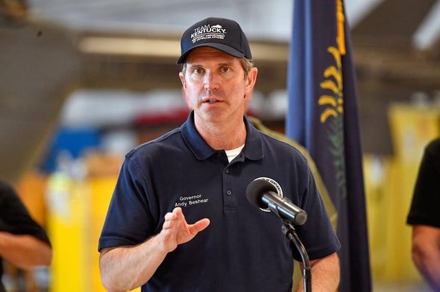 FILE - Gov. Andy Beshear addresses the media at the London Corbin Airport in London, Ky., May 17, 2025. (AP Photo/Timothy D. Easley, File)