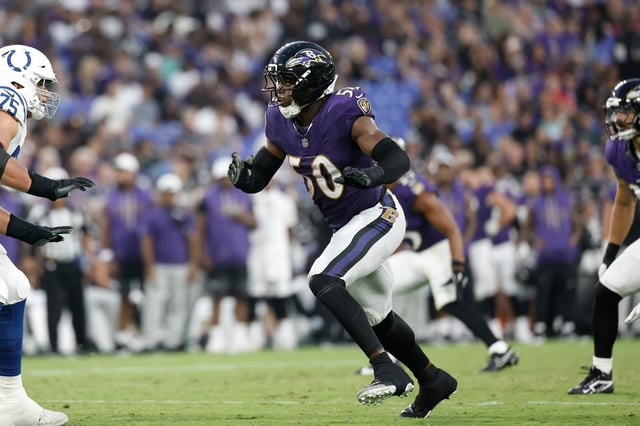 Baltimore Ravens linebacker Adisa Isaac (50) in action during the first half of an NFL preseason football game against the Indianapolis Colts, Thursday, Aug. 7 2025, in Baltimore. (AP Photo/Terrance Williams)
