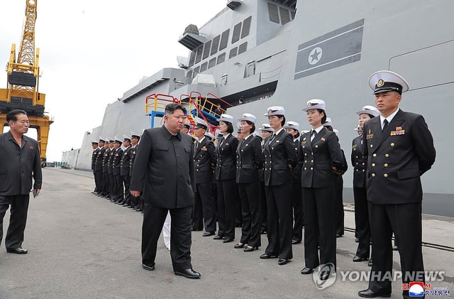 This photo, carried by North Korea's official Korean Central News Agency on Aug. 19, 2025, shows the North's leader Kim Jong-un inspecting the 5,000-ton Choe Hyon destroyer the previous day. (For Use Only in the Republic of Korea. No Redistribution) (Yonhap)