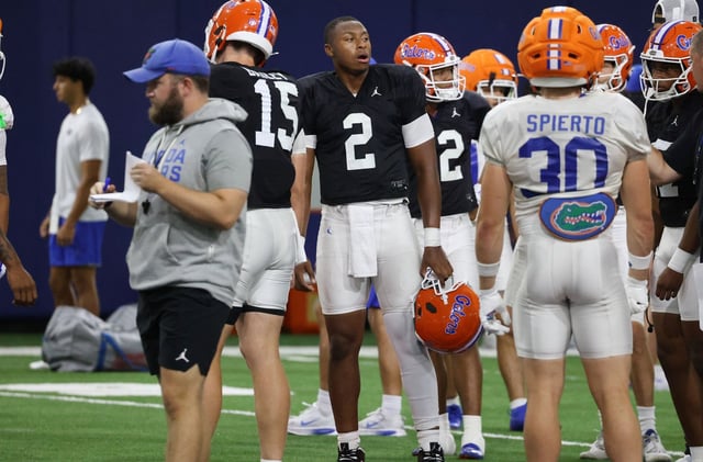 University of Florida quarterback DJ Lagway is pictured during practice on campus in Gainesville on Thursday, Aug. 14, 2025. (Stephen M. Dowell/Orlando Sentinel)