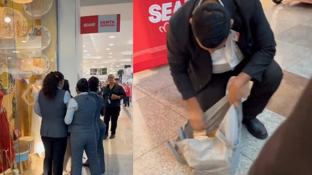El personal femenino de la tienda la sorprendió justo cuando pretendía salir por la puerta principal del centro comercial con los perfumes escondidos en una bolsa. Foto: Capture.