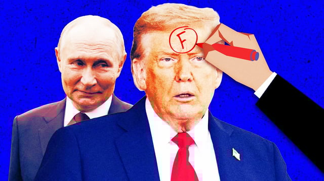 A photo illustration of Putin and President Donald Trump and a hand drawing an F grade on Trump&#39;s forehead.