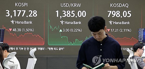 Officials work at a dealing room of Hana Bank in Seoul on Aug. 18, 2025. (Yonhap)