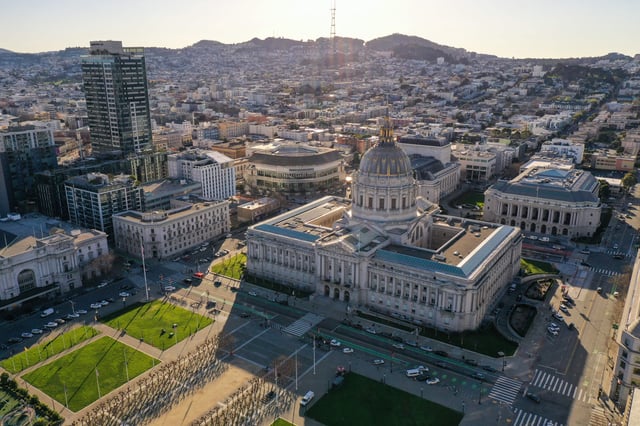 An aerial image shows San Francisco City Hall in San Francisco, California on January 20, 2023.