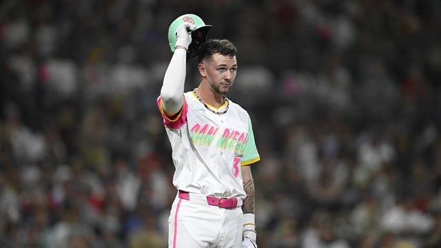 Aug 8, 2025; San Diego, California, USA; San Diego Padres center fielder Jackson Merrill (3) throws his helmet after grounding out during the fifth inning against the Boston Red Sox at Petco Park. Mandatory Credit: Denis Poroy-Imagn Images