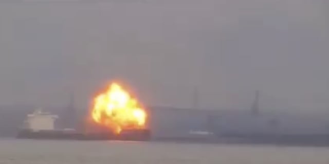 Screenshot from ship explosion in the Patpasco River on Monday.