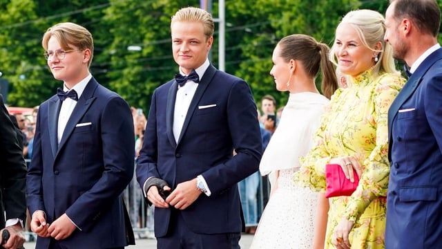 Norway's Marius Borg Hoiby (2ndL) standing next to Norway's Crown Prince Haakon (R), Norway's Crown Princess Mette-Marit (2ndR). 