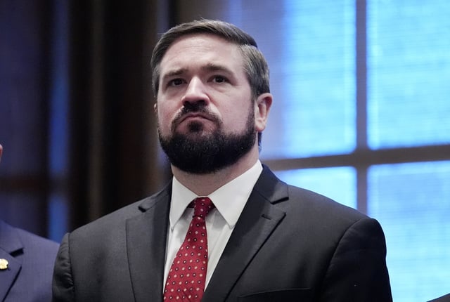 FILE - Missouri Attorney General Andrew Bailey stands in the governor's office after being sworn in, Jan. 13, 2025, in Jefferson City, Mo. (AP Photo/Jeff Roberson, File)