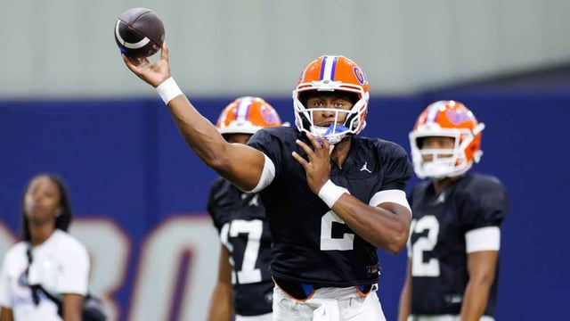Florida Gators quarterback DJ Lagway (2) throws the ball during fall football practice at Sanders Indoor Practice Facility at the University of Florida in Gainesville, FL on Thursday, August 14, 2025. [Matt Pendleton/Gainesville Sun]