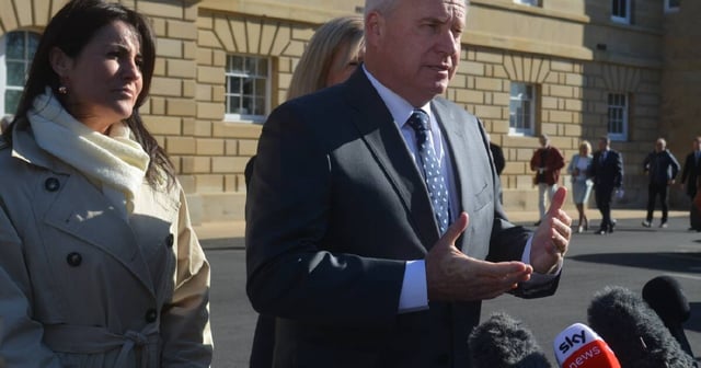 Premier Jeremy Rockliff addresses the media ahead of Parliament with government ministers Jo Palmer and Bridget Archer. Picture by Matt Maloney.