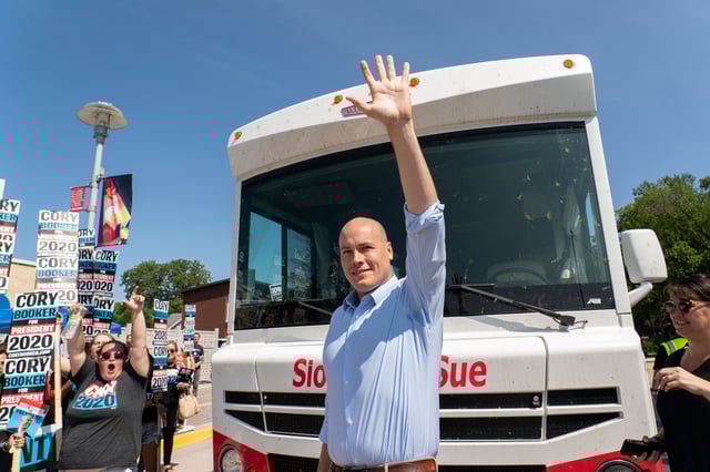 JD Scholten, running for congress in Iowa&#39;s 4th Congressional District against Steve King, waves to supporters outside the Wing Ding Dinner on August 9, 2019 in Clear Lake, Iowa.