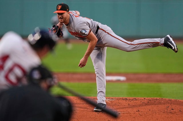 Orioles pitcher Trevor Rogers delivers during the first inning of a baseball game against the Boston Red Sox at Fenway Park, Monday, Aug. 18, 2025, in Boston. (AP Photo/Charles Krupa)